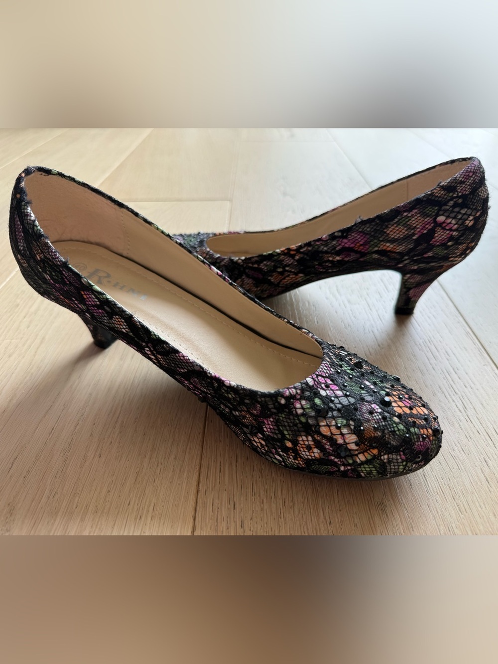 Lace Floral Heels w/ Embellishment | Vintage Inspired Kitten Heels Worn Once - Picture 2 of 6